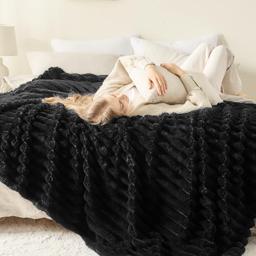NEWCOSPLAY Super Soft Throw Blanket Black Premium Silky Flannel Fleece 3D Ribbed Jacquard Lightweight Bed Blanket All Season Use (Black Ribbed, Throw(50"x60")) - Image 5