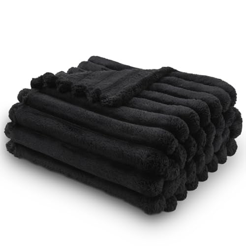 NEWCOSPLAY Super Soft Throw Blanket Black Premium Silky Flannel Fleece 3D Ribbed Jacquard Lightweight Bed Blanket All Season Use (Black Ribbed, Throw(50"x60")) - Image 2