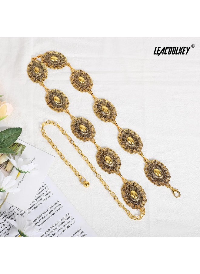LEACOOLKEY - Western Metal Concho Belt For Women Cowgirl Boho Waist Chain Belt For Dresses Jeans Pants, Gold - Image 1