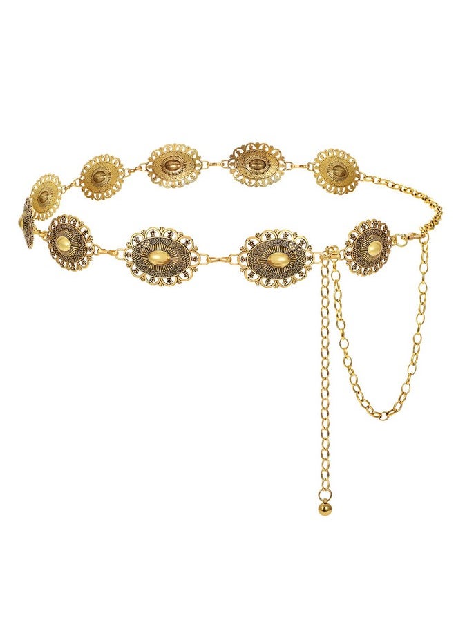 LEACOOLKEY - Western Metal Concho Belt For Women Cowgirl Boho Waist Chain Belt For Dresses Jeans Pants, Gold - Image 1