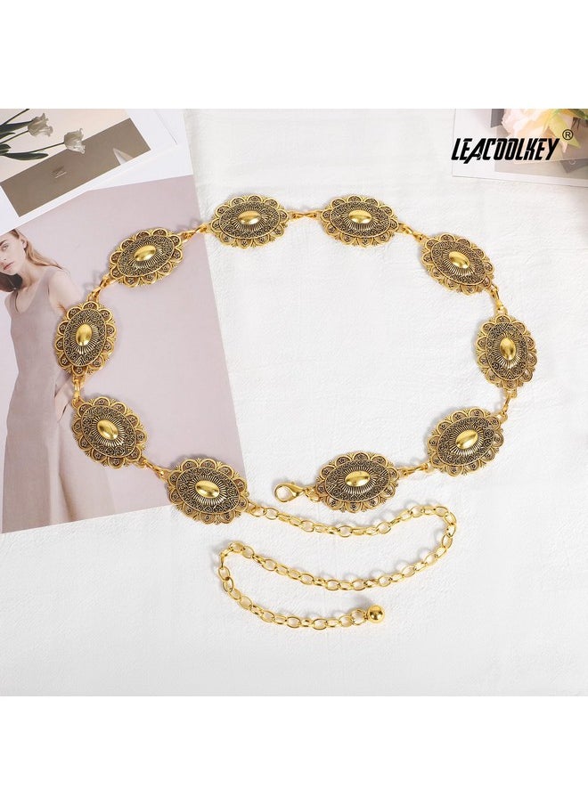 LEACOOLKEY - Western Metal Concho Belt For Women Cowgirl Boho Waist Chain Belt For Dresses Jeans Pants, Gold - Image 1