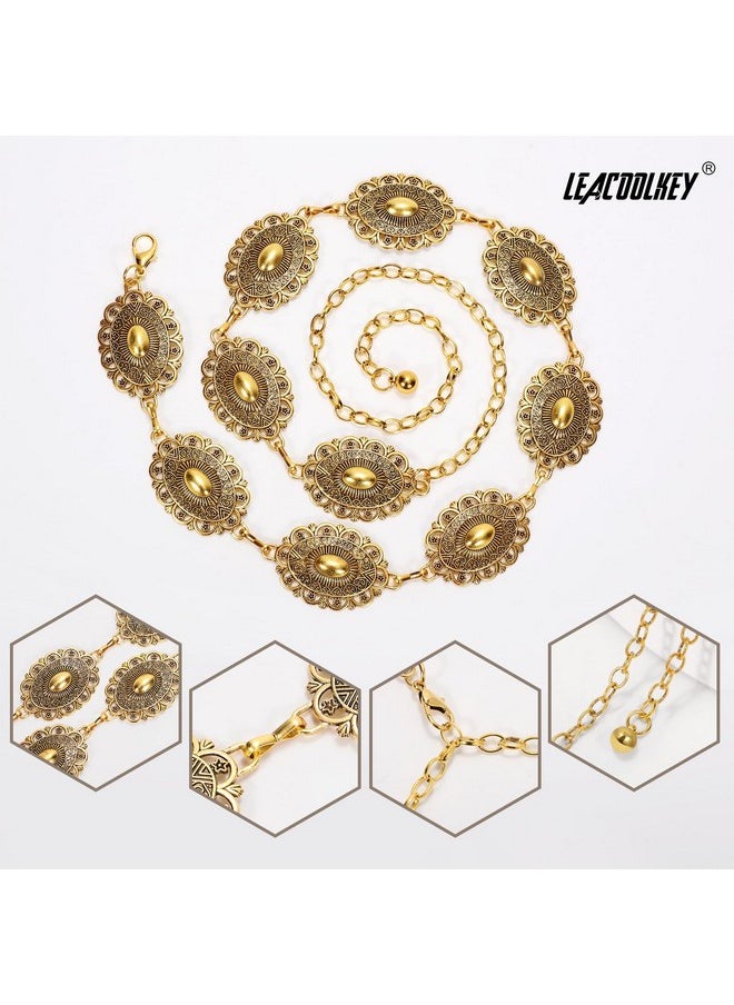 LEACOOLKEY - Western Metal Concho Belt For Women Cowgirl Boho Waist Chain Belt For Dresses Jeans Pants, Gold - Image 1