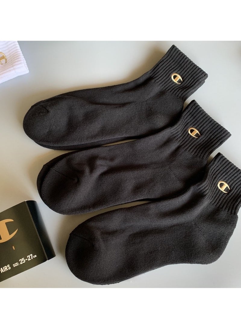 Champion Trendy brand solid color cotton socks for men and women, thickened towel bottom, deodorant and sweat-absorbing short socks, casual running sports socks, thin gold label embroidered socks (3 pairs, black mid-tube socks) 