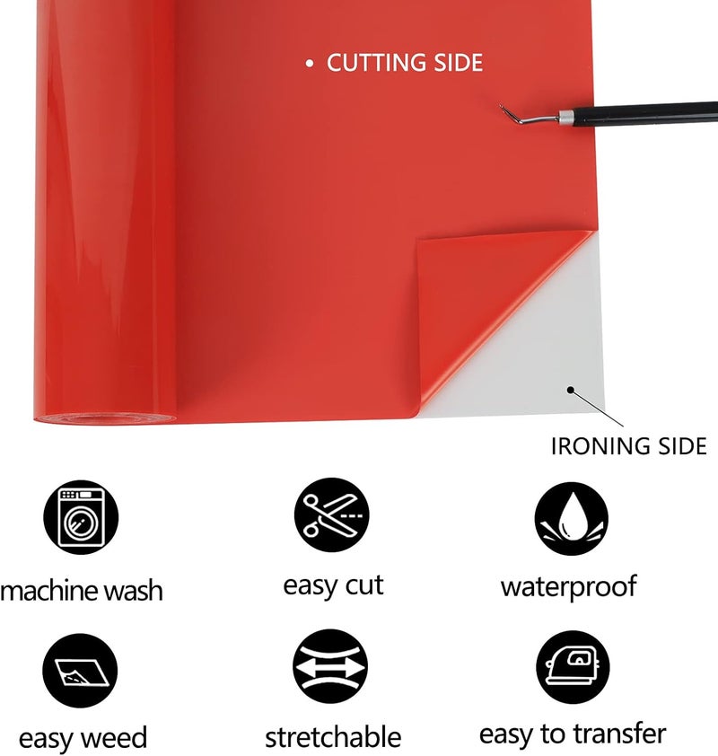 TUMIYA Red Heat Transfer Vinyl HTV Rolls, 12" x 8ft Red Iron on Vinyl for T-Shirt, Glossy Adhesive HTV Vinyl for Heat Press DIY Design Easy to Cut - Image 3