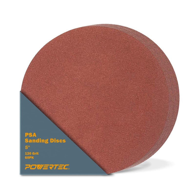 POWERTEC 60 PCS 120 Grit 5 Inch PSA Sanding Discs Self Stick Adhesive Sandpaper 5 for Drywall Woodworking Paint Epoxy with Random Orbital Sanders DA Sanders 1x30 Belt Disc Sander 45512P3