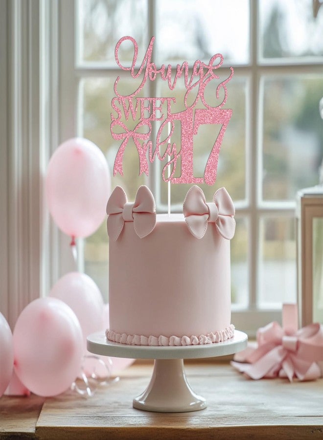 ZACHAKO Pink Glitter Young & Sweet Only 17 Cake Topper, Happy 17th Birthday/Cheers to 17 Years, Tying Bow Knot Themed 17th Birthday Party Decorations Supplies - Image 5
