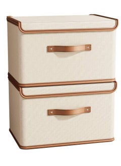 Hanayo 2 Pack Storage Bins with Lids, Collapsible Closet Organizer Container, Fabric Organizer Box with Handles, Decorative Storage Boxes with Lids for Organizing Clothes, Books, File, White  - Image 1