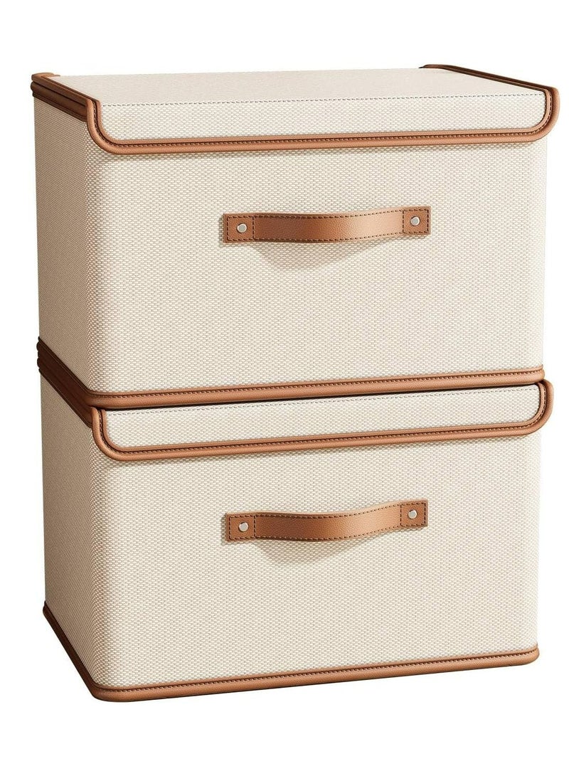 Hanayo 2 Pack Storage Bins with Lids, Collapsible Closet Organizer Container, Fabric Organizer Box with Handles, Decorative Storage Boxes with Lids for Organizing Clothes, Books, File, White - Image 1