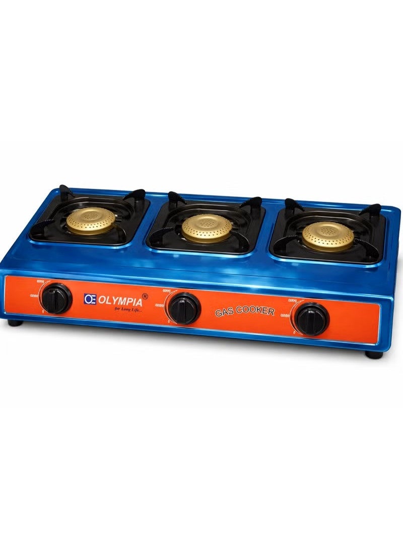 OLYMPIA 3 Burner Gas Cooker Stove with Automatic Ignition, Heavy Duty Stainless Steel Body, Brass Burners, Cast Iron Pan Supports, LPG Gas Stove for Home Kitchen - Image 1