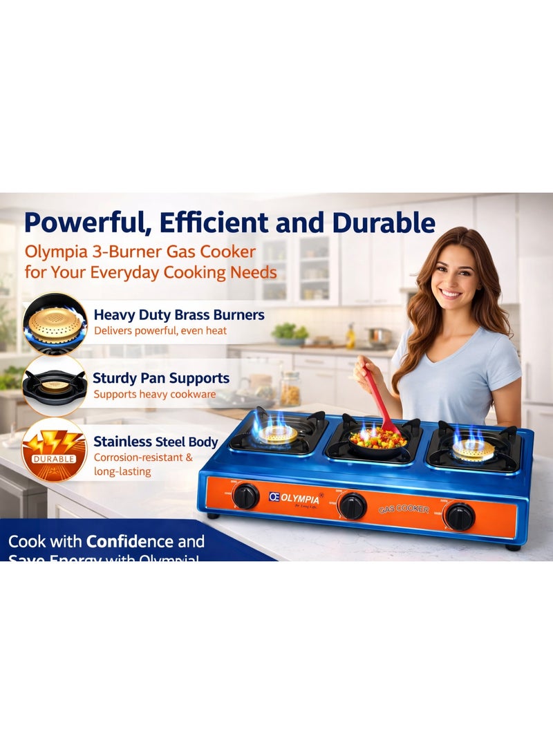 OLYMPIA 3 Burner Gas Cooker Stove with Automatic Ignition, Heavy Duty Stainless Steel Body, Brass Burners, Cast Iron Pan Supports, LPG Gas Stove for Home Kitchen - Image 3
