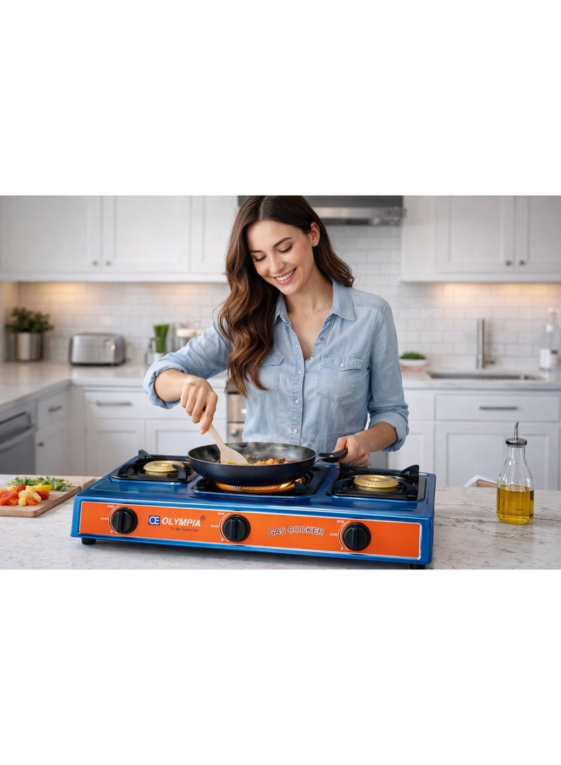OLYMPIA 3 Burner Gas Cooker Stove with Automatic Ignition, Heavy Duty Stainless Steel Body, Brass Burners, Cast Iron Pan Supports, LPG Gas Stove for Home Kitchen - Image 2