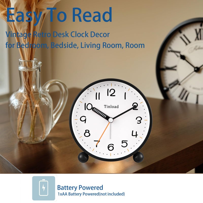 Tinload 4.5" Antique Retro Analog Alarm Clock, Small Silent Battery Operated Clock with Manual Light, Snooze, Vintage Decor for Bedroom, Living Room, Office, Bedside,Deskï¼ˆBlackï¼‰ - Image 2