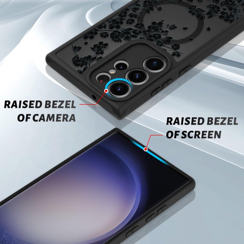 OOK Case Fit for Samsung Galaxy S23 Ultra 6.8 Inch (Wireless Charging Compatible) Black Flowers Floral Phone Cover Soft TPU + Hard PC Anti-Scratch Shockproof Magnetic Case for Women - Black - Image 3