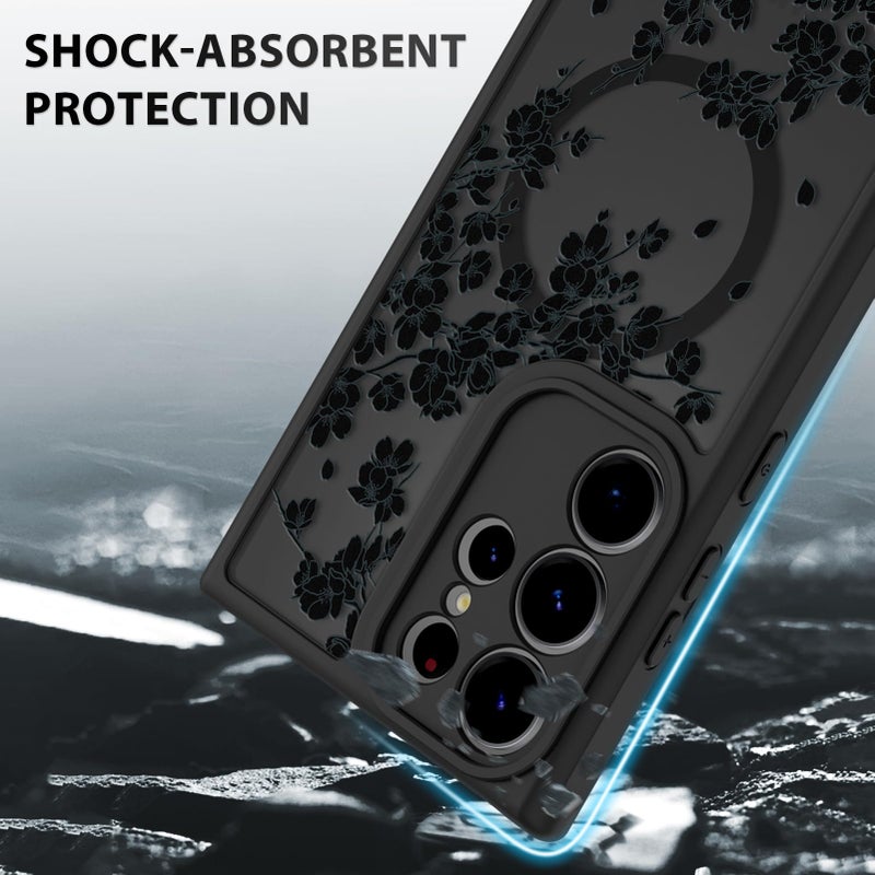 OOK Case Fit for Samsung Galaxy S23 Ultra 6.8 Inch (Wireless Charging Compatible) Black Flowers Floral Phone Cover Soft TPU + Hard PC Anti-Scratch Shockproof Magnetic Case for Women - Black - Image 4