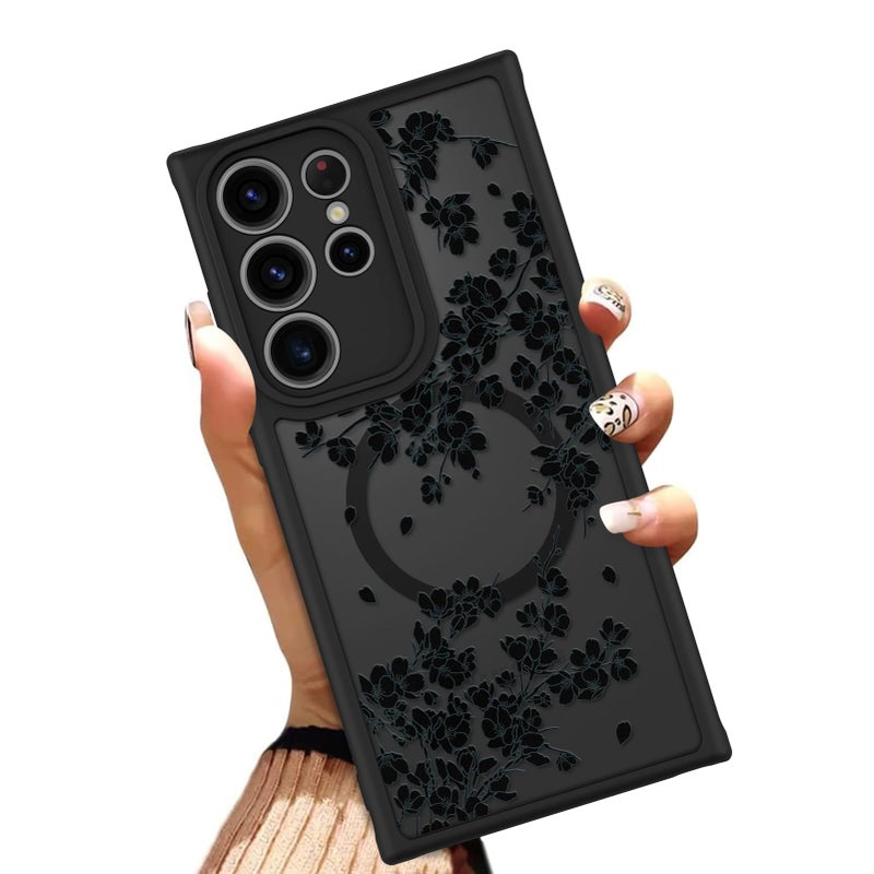 OOK Case Fit for Samsung Galaxy S23 Ultra 6.8 Inch (Wireless Charging Compatible) Black Flowers Floral Phone Cover Soft TPU + Hard PC Anti-Scratch Shockproof Magnetic Case for Women - Black - Image 1