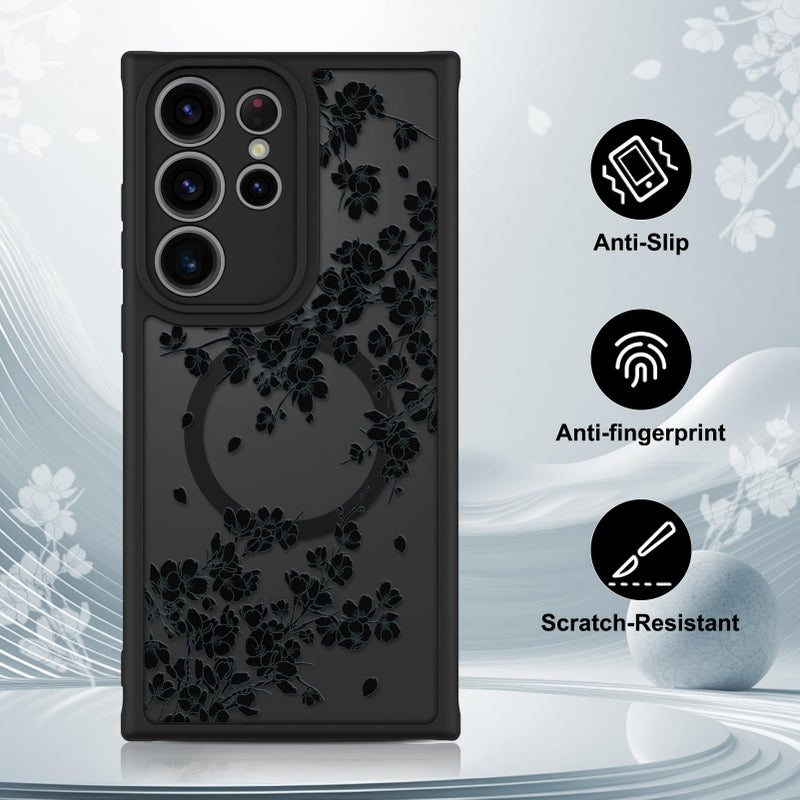 OOK Case Fit for Samsung Galaxy S23 Ultra 6.8 Inch (Wireless Charging Compatible) Black Flowers Floral Phone Cover Soft TPU + Hard PC Anti-Scratch Shockproof Magnetic Case for Women - Black - Image 5