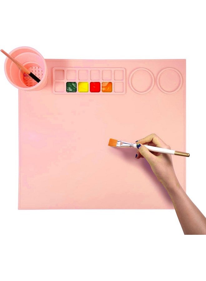 oddpod oddpod™ Silicone Painting Mat for Arts & Crafts, 17 x 15 Non-Stick Multipurpose Table Silicon Sheet with 12 Palette grids, 2 Large reservoirs & Cleaning Cup for Painting, Clay and Play Doh - Peach  - Image 2