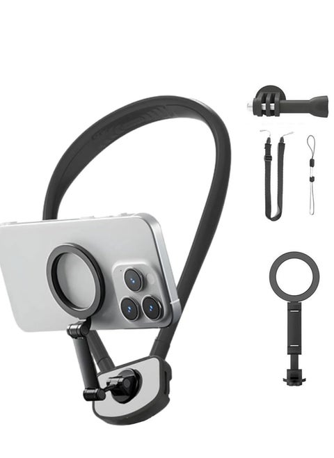 Magnetic Neck & Chest Mount for Smartphones | Hands-Free POV Vlogging Holder | MagSafe-Compatible Stand for iPhone 15/14/13/12 & Android – Ideal for Content Creators, Live Streaming & Selfies (Black)