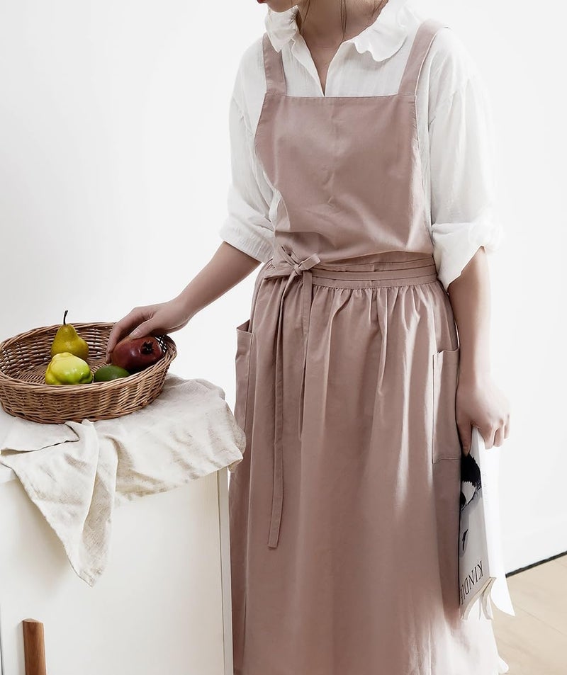 Hawholm Japanese apron Women-Cross Back Apron for Women with Pockets, Pinafore Aprons, Womens Cotton Linen Apron - Image 1