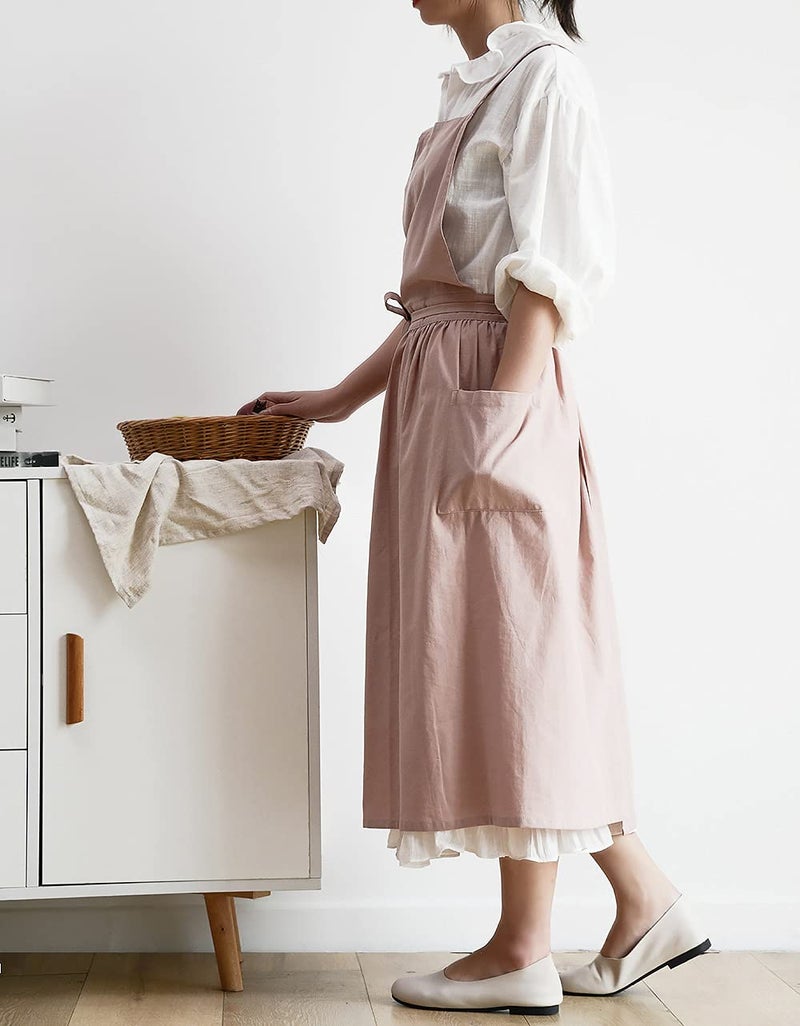 Hawholm Japanese apron Women-Cross Back Apron for Women with Pockets, Pinafore Aprons, Womens Cotton Linen Apron - Image 2