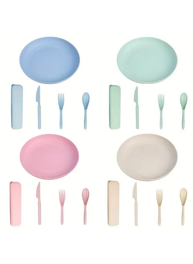 أزرق 5 قطع مجموعة طعام خارجية محمولة مع سكين وشوكة وملعقة وصحن أدوات سفر قابلة لإعادة الاستخدام خفيفة الوزن من البولي بروبلين لأدوات المائدة للتخييم للنزهة وغداء المدرسة - Image 2