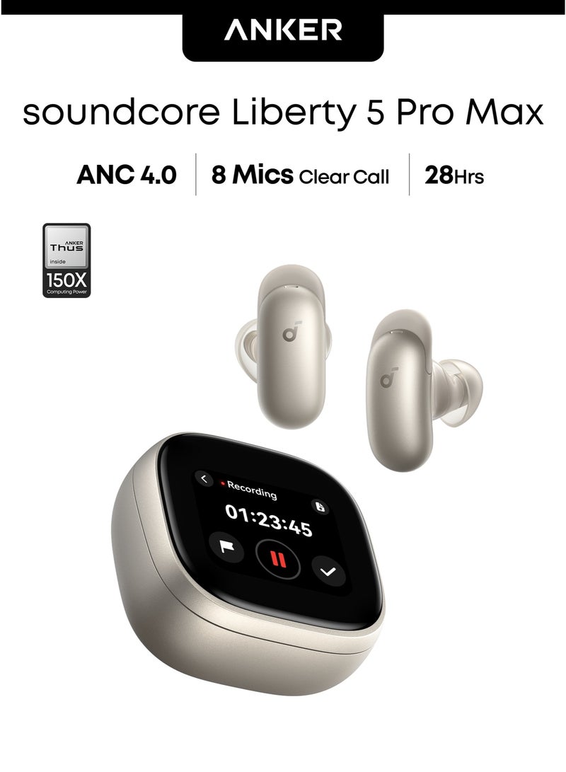Soundcore Anker soundcore Liberty 5 Pro Max, AI Note-Taker, Whisper-Clear Calls, Noise Cancelling Wireless Earbuds, 1.78" AMOLED Display, 5 Mins Charge = 4 Hrs Playtime,  AI Meeting Transcription for Business Titanium Gold - Image 1