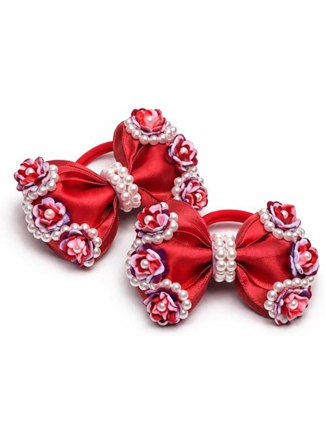 Daddy's Angel Girls Hair Band with Satin Bow, Pearl and Floral Embellishments, Pink and Lavender, 2 Piece (red) - Image 1