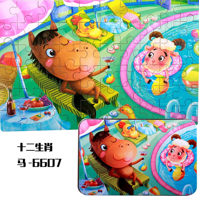 Children'S Wooden Thickeneded 60 Pieces 100 Pieces 200 Pieces Iron Box Puzzle Puzzle Animation Cartoon Flat Brain Toy - Image 1
