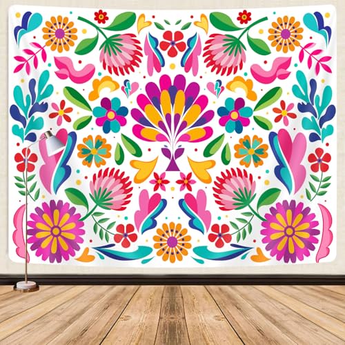 GOAOK Mexican Tapestry, Colorful Mexico Floral Traditional Aesthetic Hippie Tapestries, Mexican Ornate Ethnic Pastel Flowers Plant Tapestry Wall Hanging for Bedroom Living Room 60"x40" White - Image 1