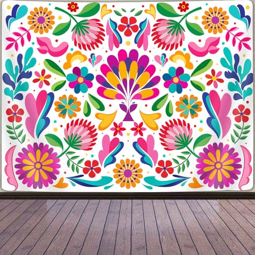 GOAOK Mexican Tapestry, Colorful Mexico Floral Traditional Aesthetic Hippie Tapestries, Mexican Ornate Ethnic Pastel Flowers Plant Tapestry Wall Hanging for Bedroom Living Room 60"x40" White - Image 4