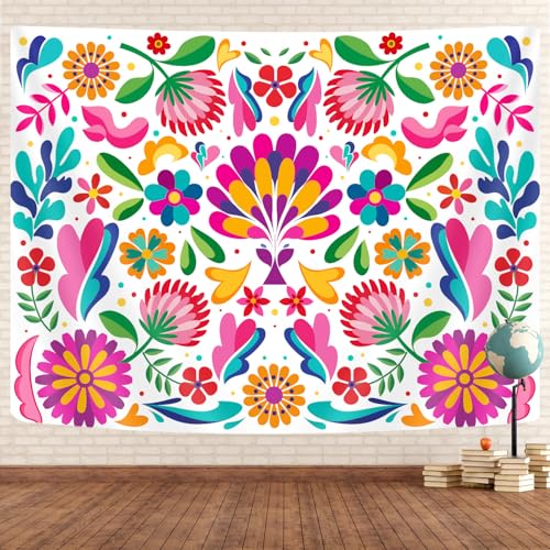 GOAOK Mexican Tapestry, Colorful Mexico Floral Traditional Aesthetic Hippie Tapestries, Mexican Ornate Ethnic Pastel Flowers Plant Tapestry Wall Hanging for Bedroom Living Room 60"x40" White - Image 2