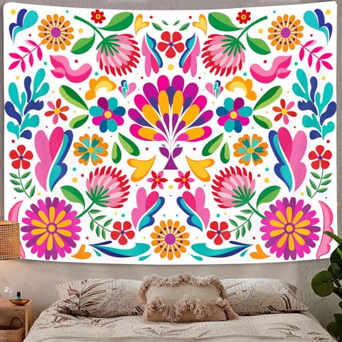 GOAOK Mexican Tapestry, Colorful Mexico Floral Traditional Aesthetic Hippie Tapestries, Mexican Ornate Ethnic Pastel Flowers Plant Tapestry Wall Hanging for Bedroom Living Room 60"x40" White - Image 3