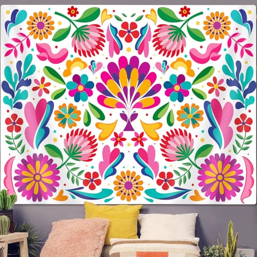 GOAOK Mexican Tapestry, Colorful Mexico Floral Traditional Aesthetic Hippie Tapestries, Mexican Ornate Ethnic Pastel Flowers Plant Tapestry Wall Hanging for Bedroom Living Room 60"x40" White - Image 5