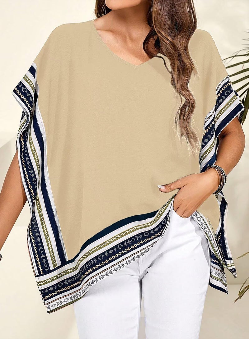 Falechay Batwing Tops for Women Blouses Dressy Casual T Shirts Short Sleeves V Neck Boho Tops Cute Loose Tshirts Side Slit Tees Flowy Fitting Tunic Summer Fit Fall Ladies Beach Vacation Apricot XXL - Image 5