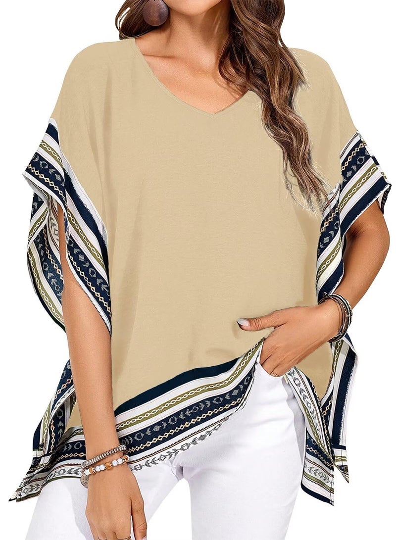 Falechay Batwing Tops for Women Blouses Dressy Casual T Shirts Short Sleeves V Neck Boho Tops Cute Loose Tshirts Side Slit Tees Flowy Fitting Tunic Summer Fit Fall Ladies Beach Vacation Apricot XXL - Image 1