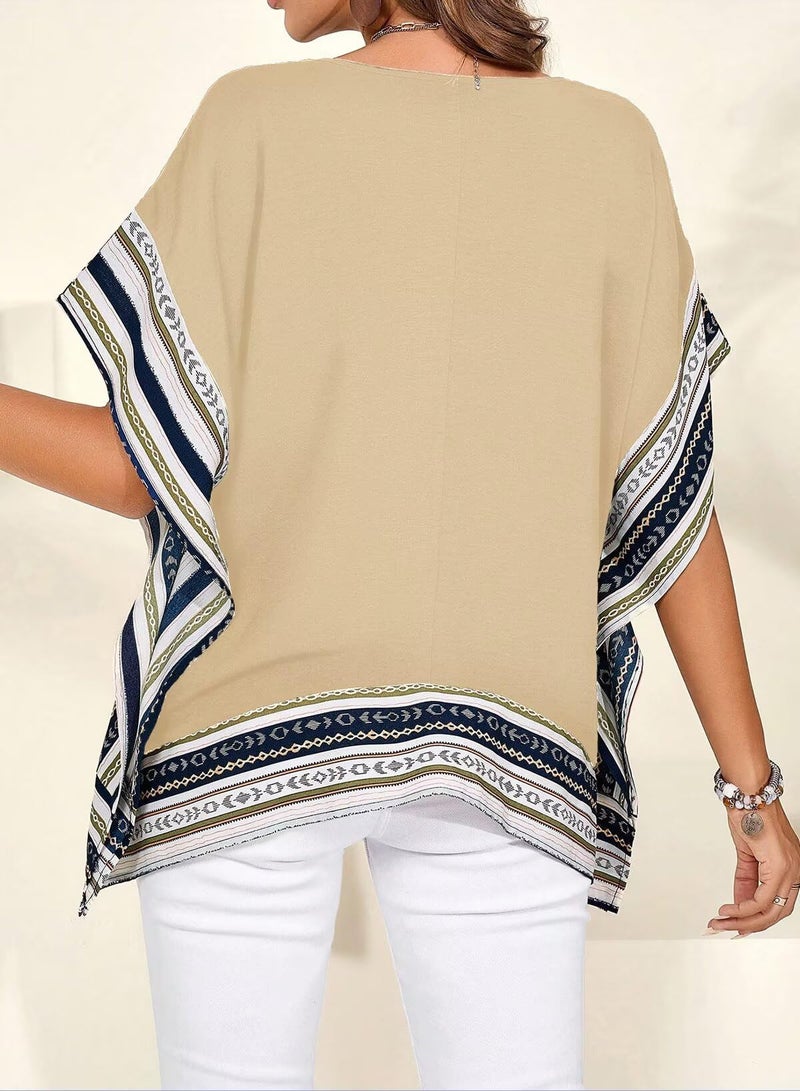 Falechay Batwing Tops for Women Blouses Dressy Casual T Shirts Short Sleeves V Neck Boho Tops Cute Loose Tshirts Side Slit Tees Flowy Fitting Tunic Summer Fit Fall Ladies Beach Vacation Apricot XXL - Image 4