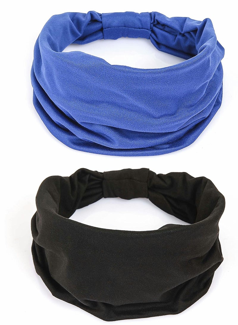 Loquat 2 Pack Wide Headbands for Women, Boho Knotted Sweat on-Slip Fashion Hair Bands, Head Wraps Elastic Soft Cotton Cloth Turbans Bandana Yoga, Running, Sport (Black, Blue) - Image 1