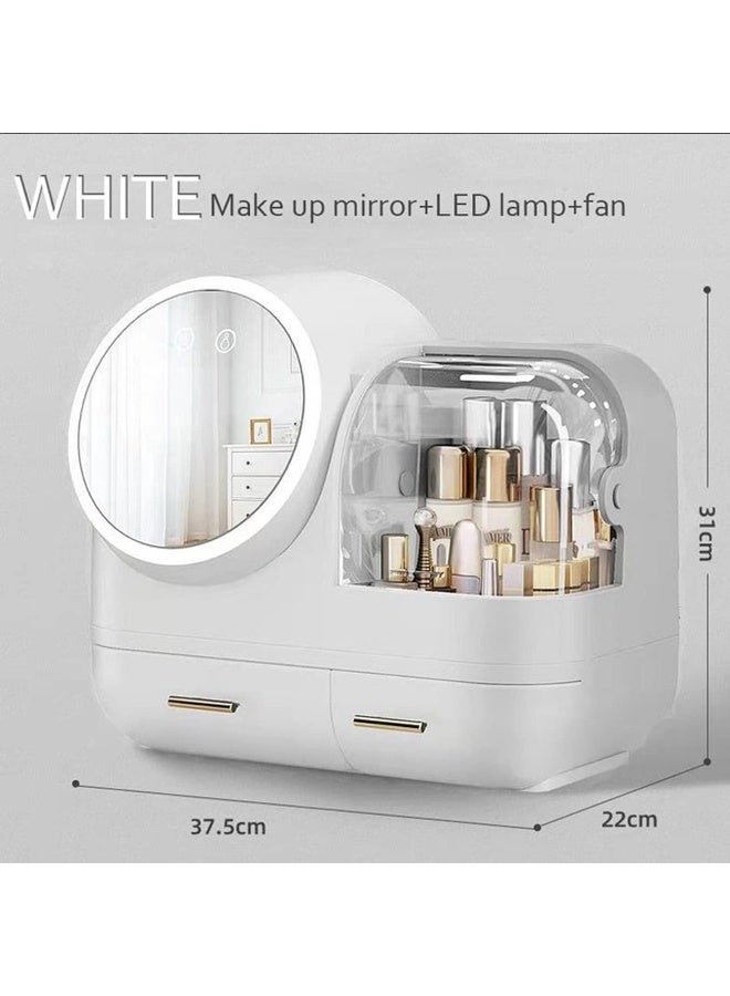 JJ Palace Makeup Organizers with 360 Degree Rotating LED Cosmetic Storage Box with Fan Dressing Table Display Box with Drawer