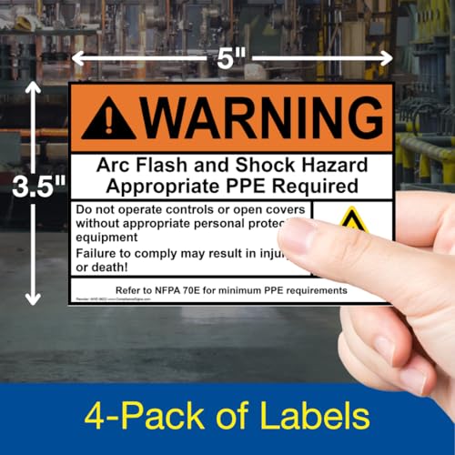 ComplianceSigns.com WARNING Arc Flash And Shock Hazard Appropriate PPE ANSI NFPA 70E Label Decal, 5x3.5 inch 4-Pack Vinyl for Electrical, American Made Safety Signs for the Workplace - Image 2