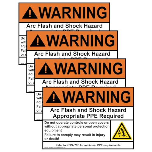 ComplianceSigns.com WARNING Arc Flash And Shock Hazard Appropriate PPE ANSI NFPA 70E Label Decal, 5x3.5 inch 4-Pack Vinyl for Electrical, American Made Safety Signs for the Workplace - Image 1