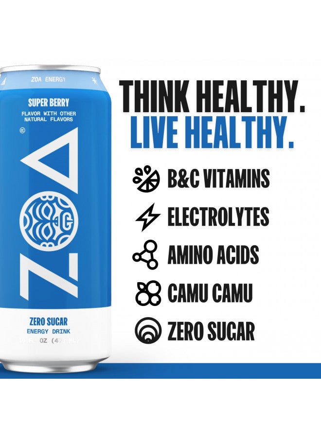 ZOA ZOA Zero Sugar Energy Drinks - Super Berry | Healthy Energy Formula with Natural Caffeine, Daily Vitamin C, Essential B-Vitamins | Gluten-Free, Keto Friendly | 16 Ounce Cans (Pack Of 12) - Image 2