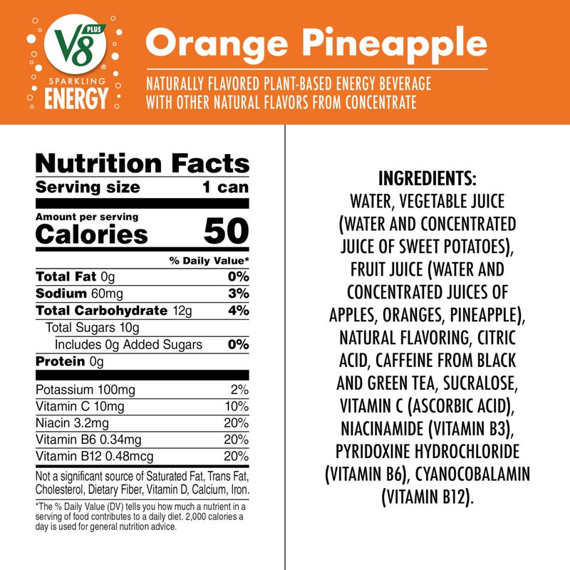 V8 +Energy Sparkling Orange Pineapple Juice Energy Drink, 11.5 fl oz Can (12 Pack) - Image 5