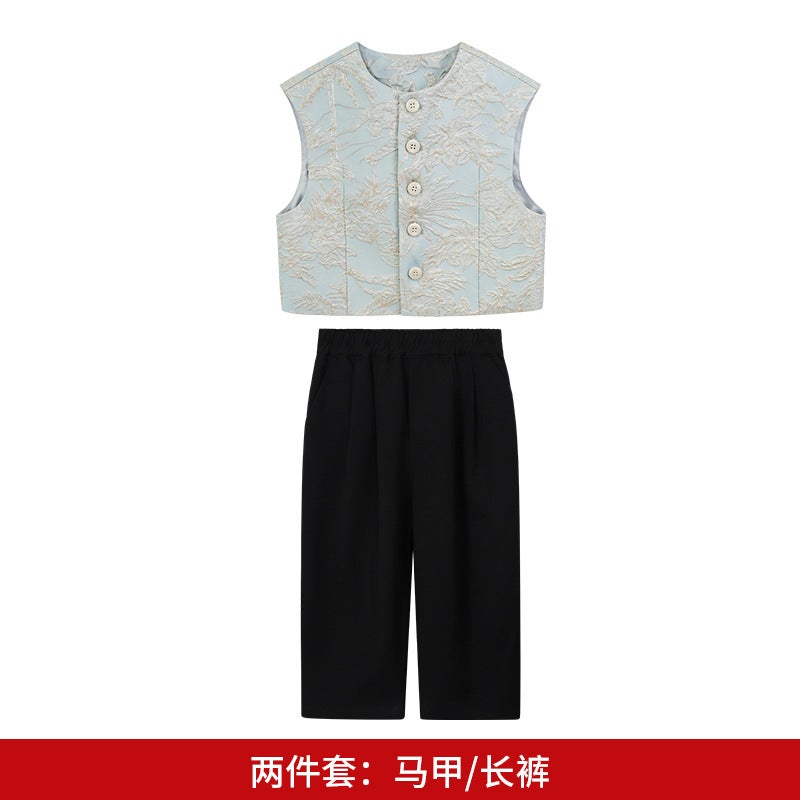 Boys' New Chinese-Style Hanfu Tang Suit Children'S National Style Embroidered Vest Set For Hosting And Runway Performances - Image 1