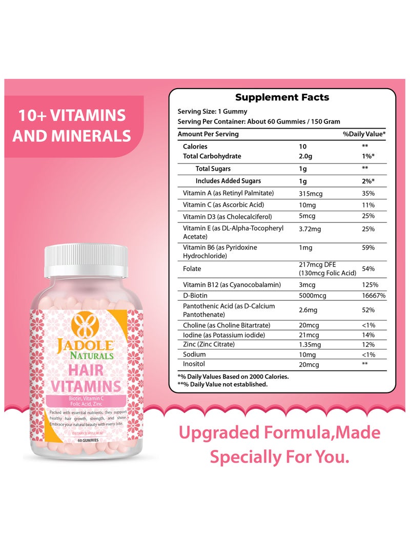 Jadole Naturals Hair Vitamins 60 Gummies with Biotin 5000 mcg,  Vitamin C, Folic Acid & Zinc - Multivitamins & Essential Nutrients - Image 2