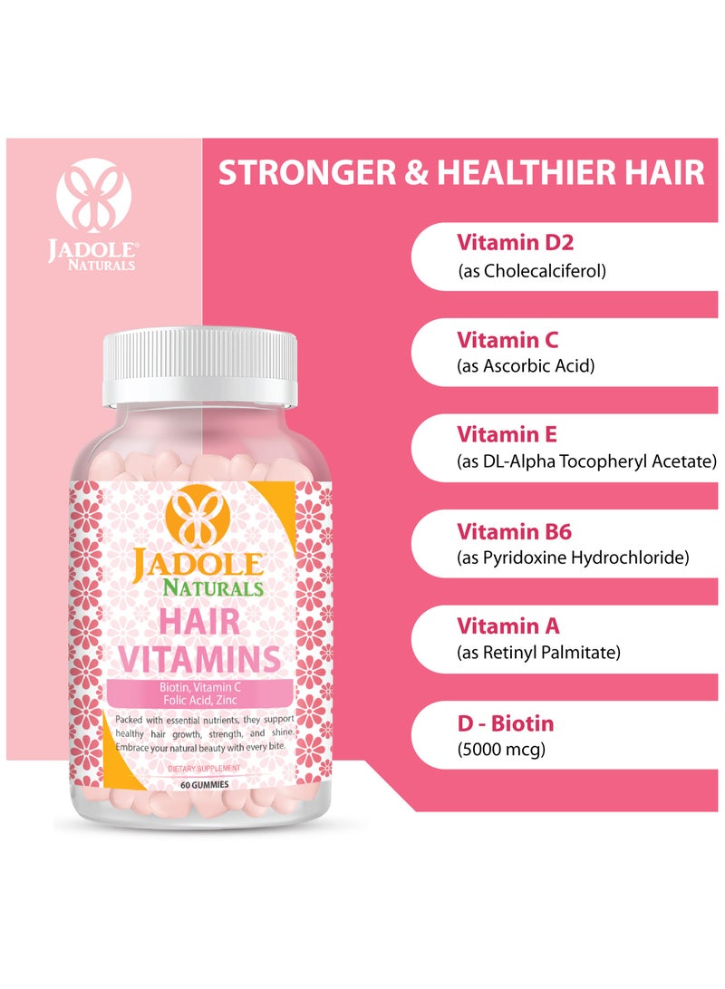 Jadole Naturals Hair Vitamins 60 Gummies with Biotin 5000 mcg,  Vitamin C, Folic Acid & Zinc - Multivitamins & Essential Nutrients - Image 4