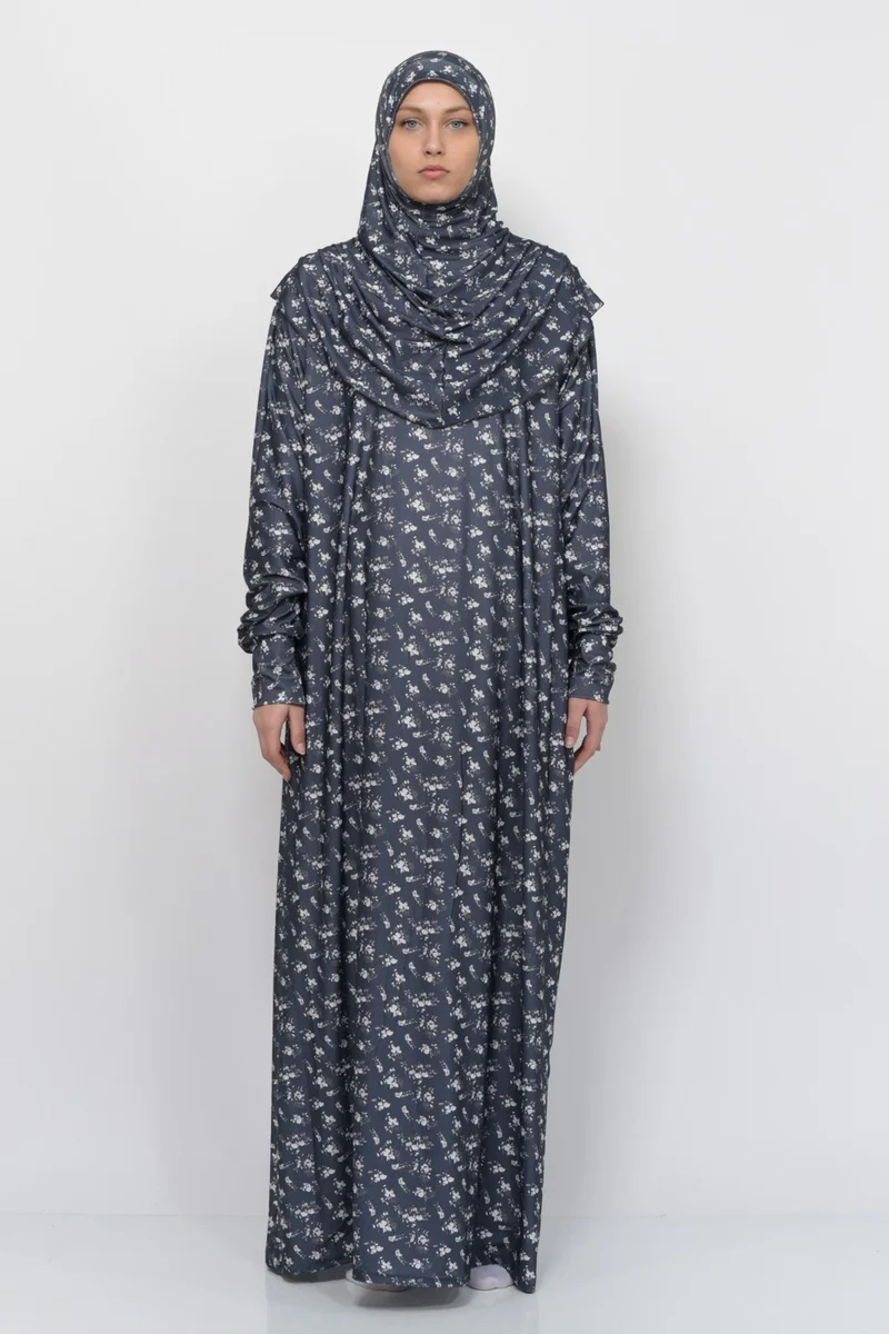 التوبة Practical One Piece Floral Patterned Sleeves Removable Hijab Lycra Hijab Prayer Dress 990-0210