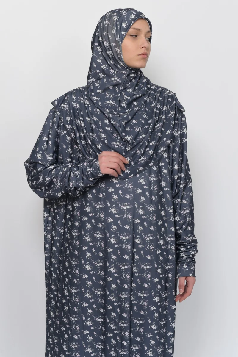 التوبة Practical One Piece Floral Patterned Sleeves Removable Hijab Lycra Hijab Prayer Dress 990-0210