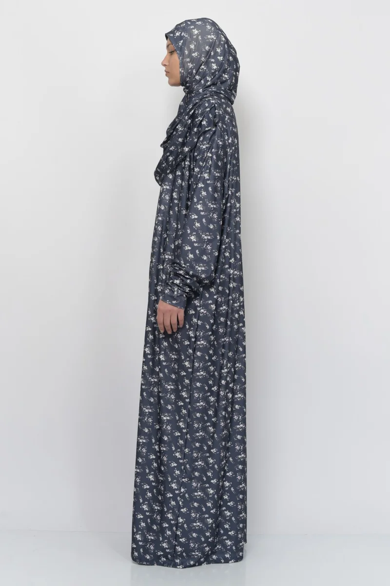 التوبة Practical One Piece Floral Patterned Sleeves Removable Hijab Lycra Hijab Prayer Dress 990-0210