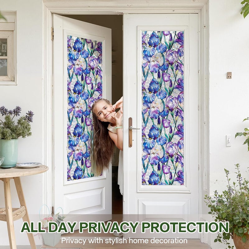 Aomkmi Stained Glass Window Film UV Resistant Window Privacy Film Purple Floral Privacy Rainbow Decals Living Room Bedroom Sun Blocking Decor Removable Static Cling Stickers 17 x 39.37 Inch - Image 3