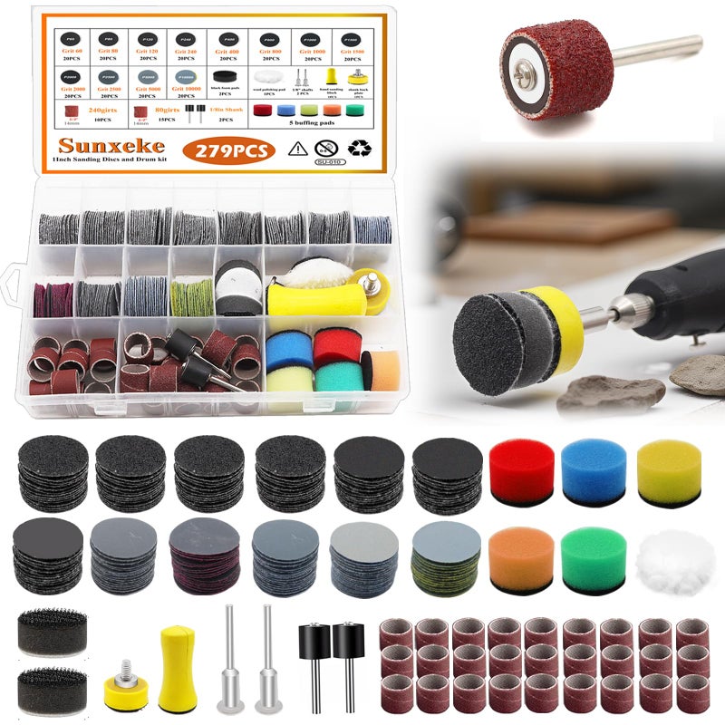 Sunxeke 279PCS 1Inch Sanding Discs and Drum for Dremel Tool Accessories,60-10000 Grit Hook and Loop Sandpaper for Dremel Polishing Kit,Sanding Bits kit for Resin/Rock/Making Jewelry Polishing - Image 1